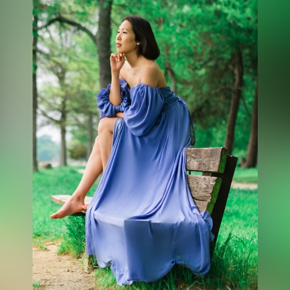 OFF SHOULDER TWO PIECE DETACHED CORSET BLUE PROM PHOTOSHOOT STRAPLESS SLIT DRESS - Picture 7 of 11